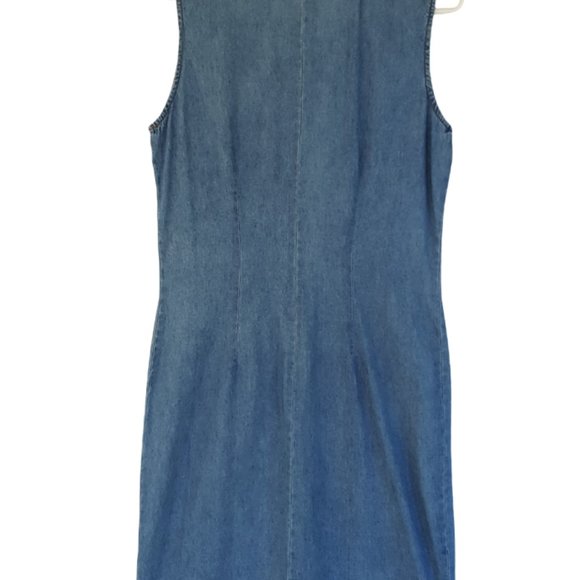 Vintage 90s Chambray Dress Women's 10 Blue Midi Sleeveless Button Front Cotton - Picture 8 of 14